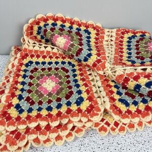 VTG Wool Handmade‎ Granny Square Afghan Blanket Multicolor Open Stitch Crochet